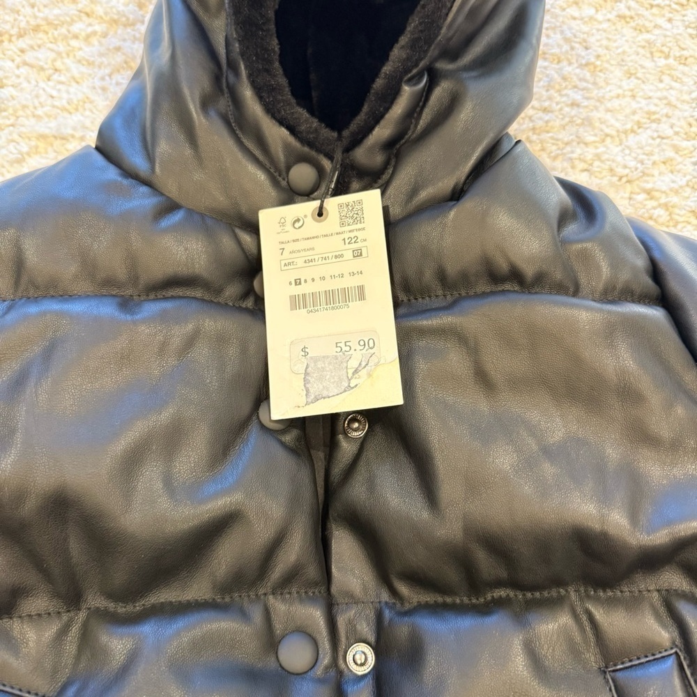 💋Zara faux leather Black Kids Puffer Jacket size 7 - Picture 7 of 8